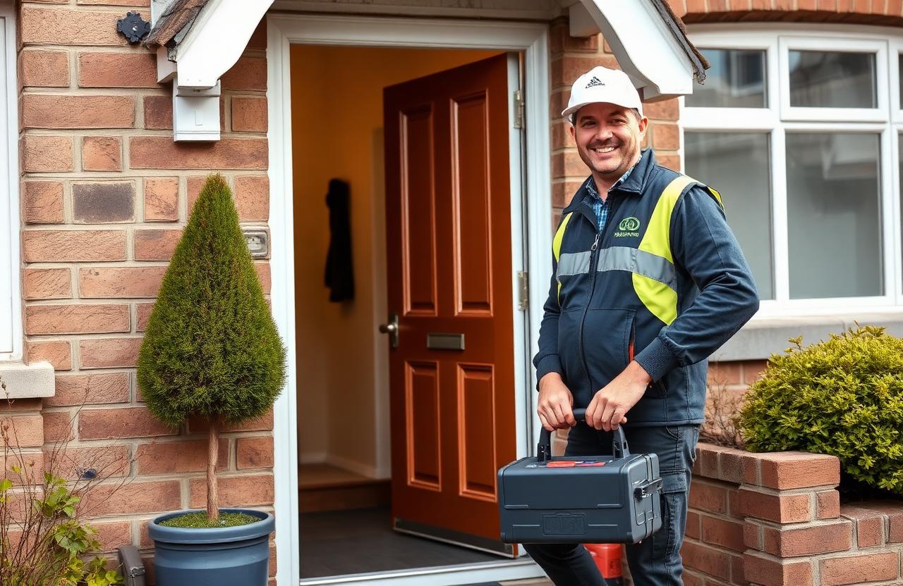 Friendly engineer arriving at a Leeds home with a toolbox